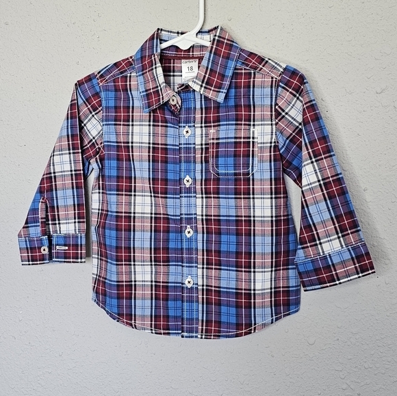 Carters Red White Blue Plaid Long Sleeve Button Down Dress Shirt Size 18 Months - Picture 1 of 8